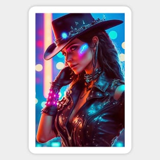 Cowgirl Cyperpunk Beauty with Futuristic Cityscape - Ultra Realistic Sticker